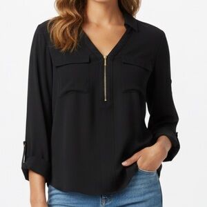 Express Black Zip-Front Blouse roll up sleeves size S